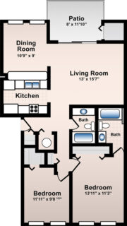 2 Bed / 2 Bath / 1,084 sq ft / Rent: $955